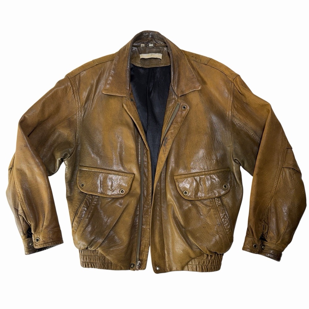 Vintage 80s Leather Bomber Jacket Mens M Brown Distressed Flight Aviator Korea